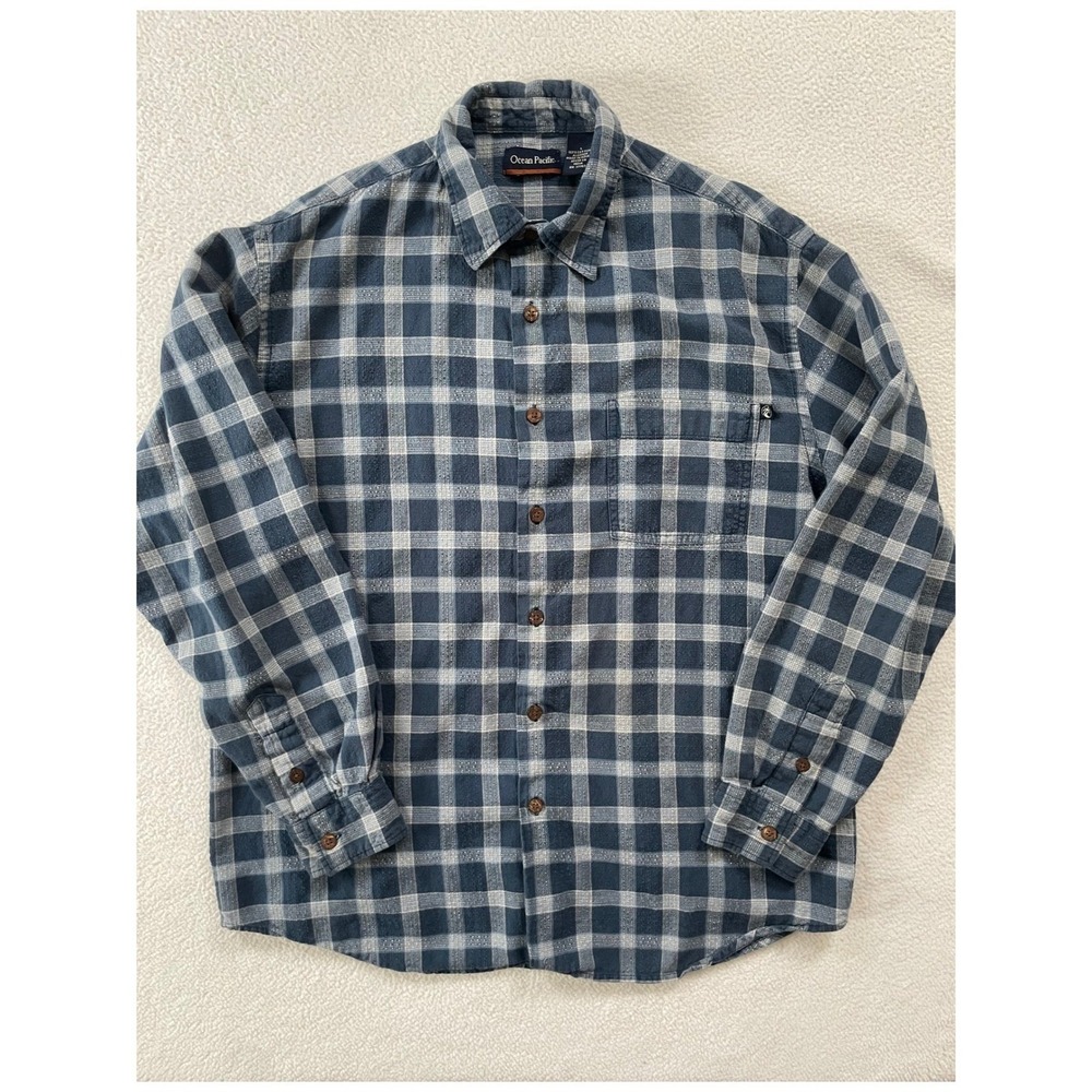 Vintage OP Ocean Pacific Mens Large Blue Button Down Shirt Long Sleeve Plaid